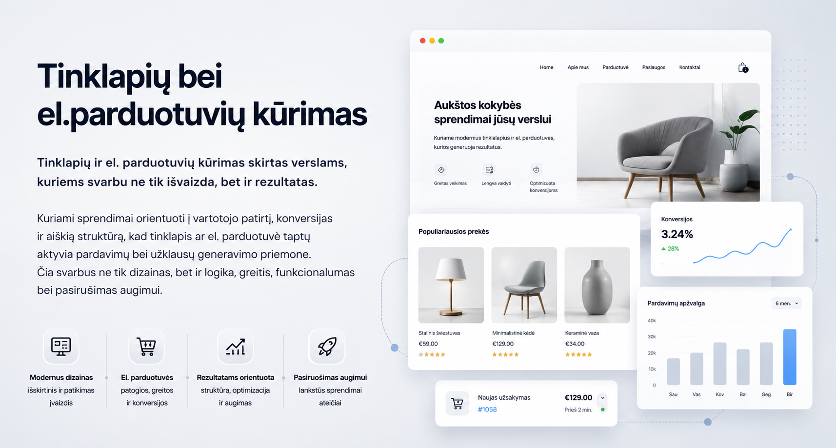 Tinklapių ir el. parduotuvių kūrimo skaidrė su modernių internetinių projektų dizaino, konversijų ir UI sprendimų vizualais.